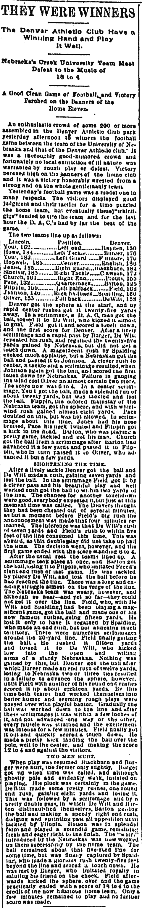Rocky Mountain News, Nebraska vs. Denver Athletic Club 1892 (175K)