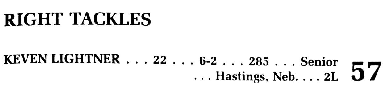 Keven Lightner, 22, 6-2, 285, Senior, #57, Hastings, Neb., 2L